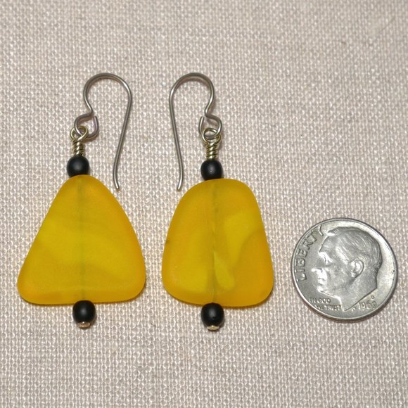 Hand Crafted Handmade Earrings Yellow & Black Freeform Glass Bead Earrings - Picture 3 of 5
